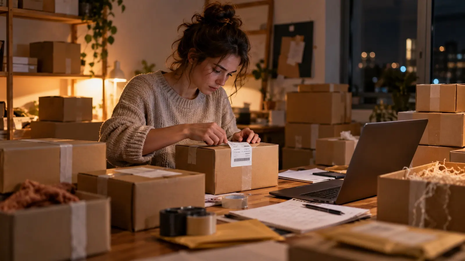 Online store owner packing orders late at night before a sales peak