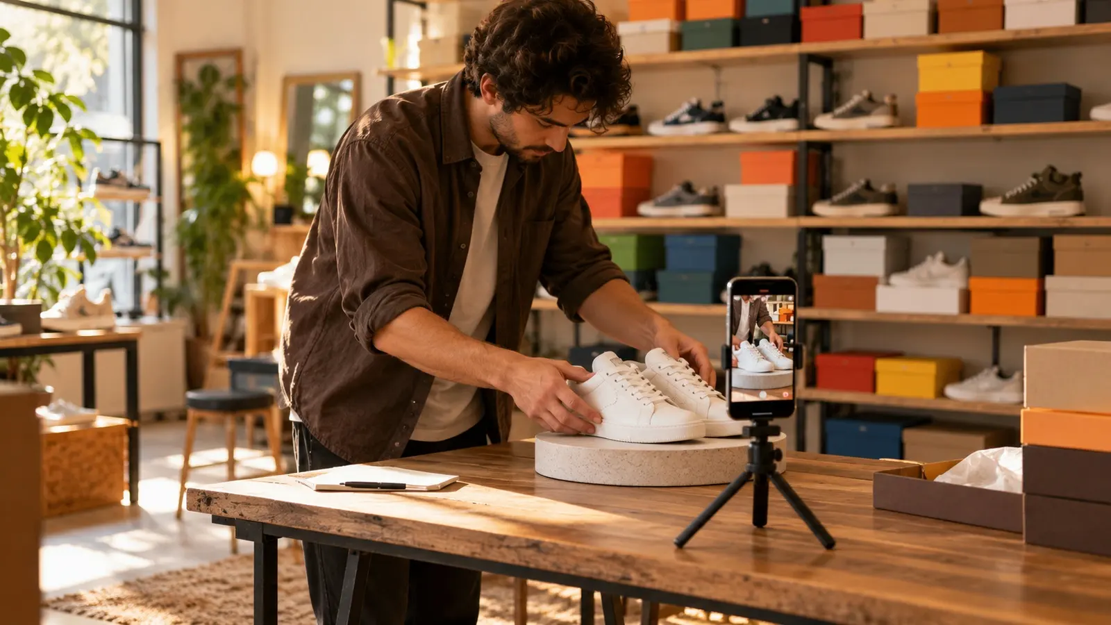 Sneaker store owner filming a product video on a phone