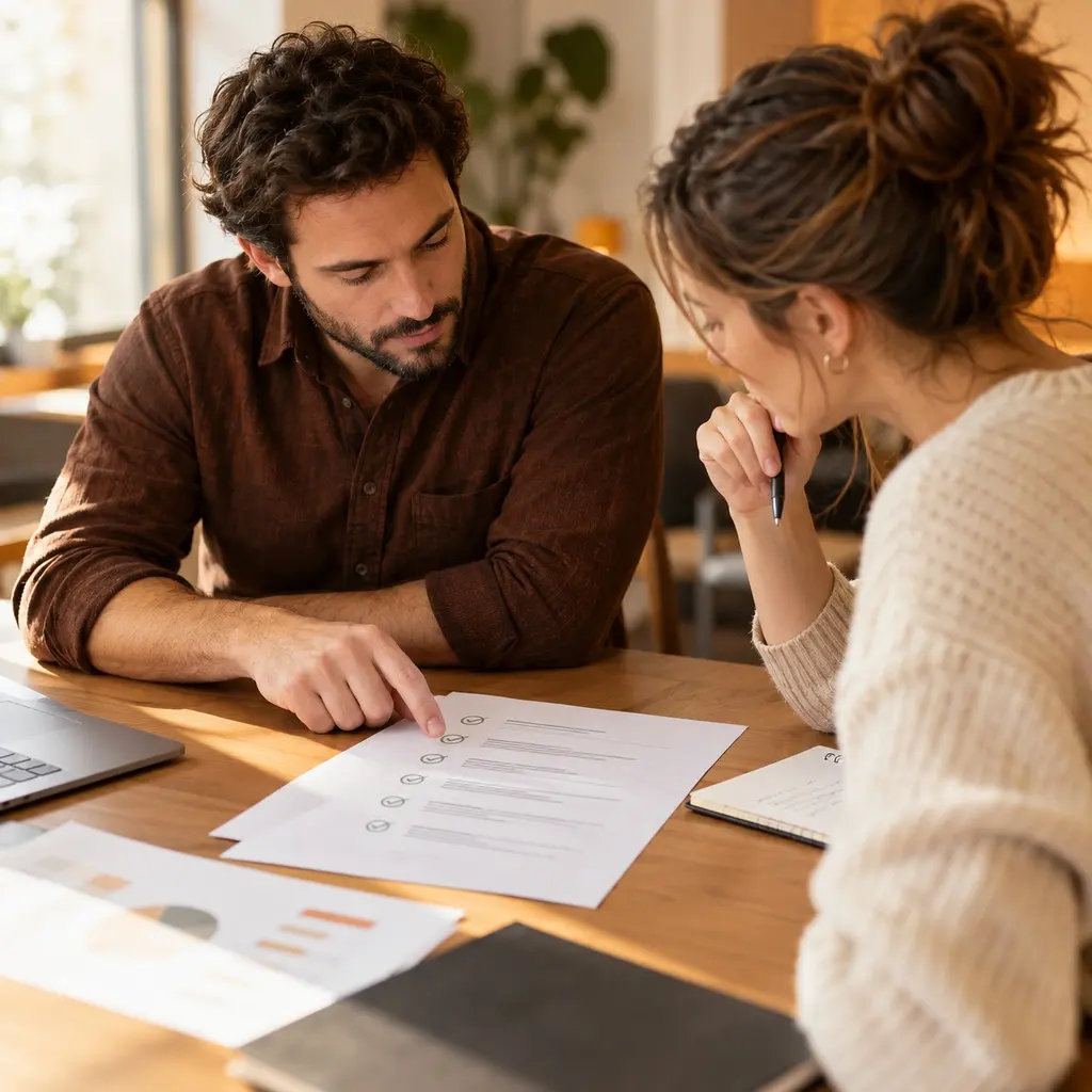 Two people reviewing a printed checklist