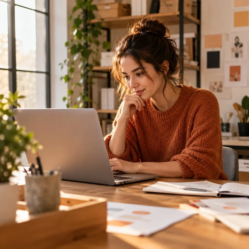 Online store owner reviewing her site on a laptop
