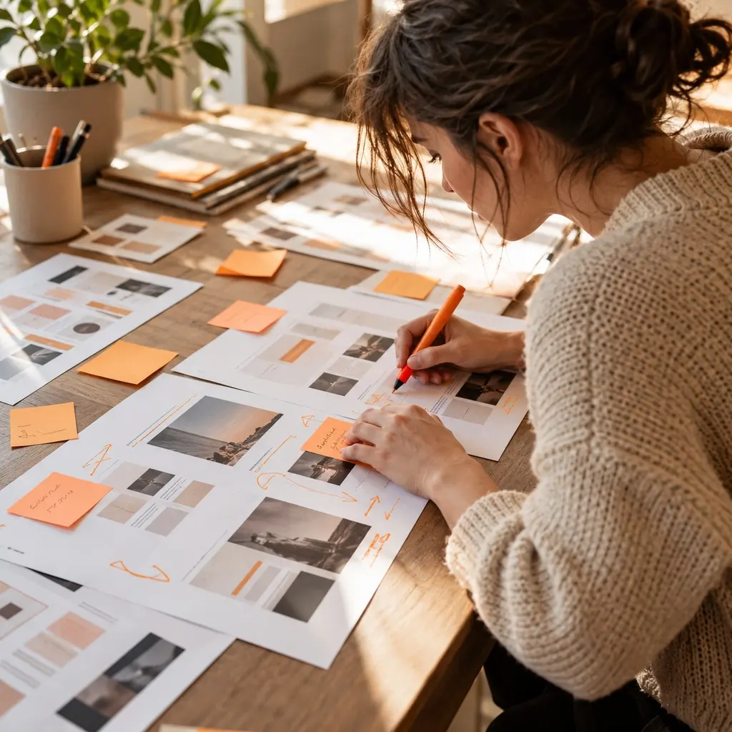 UX specialist marking printed page layouts with notes