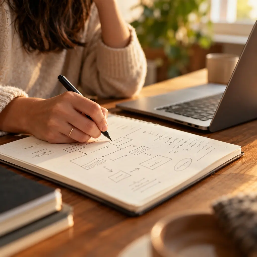 Hand drawing a user flow in a notebook