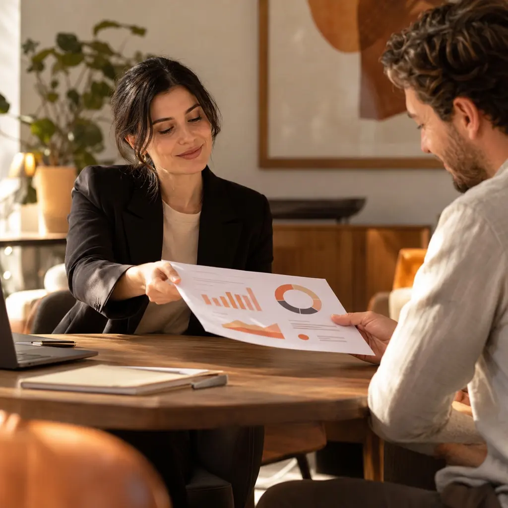 Account manager handing a printed dashboard to a client