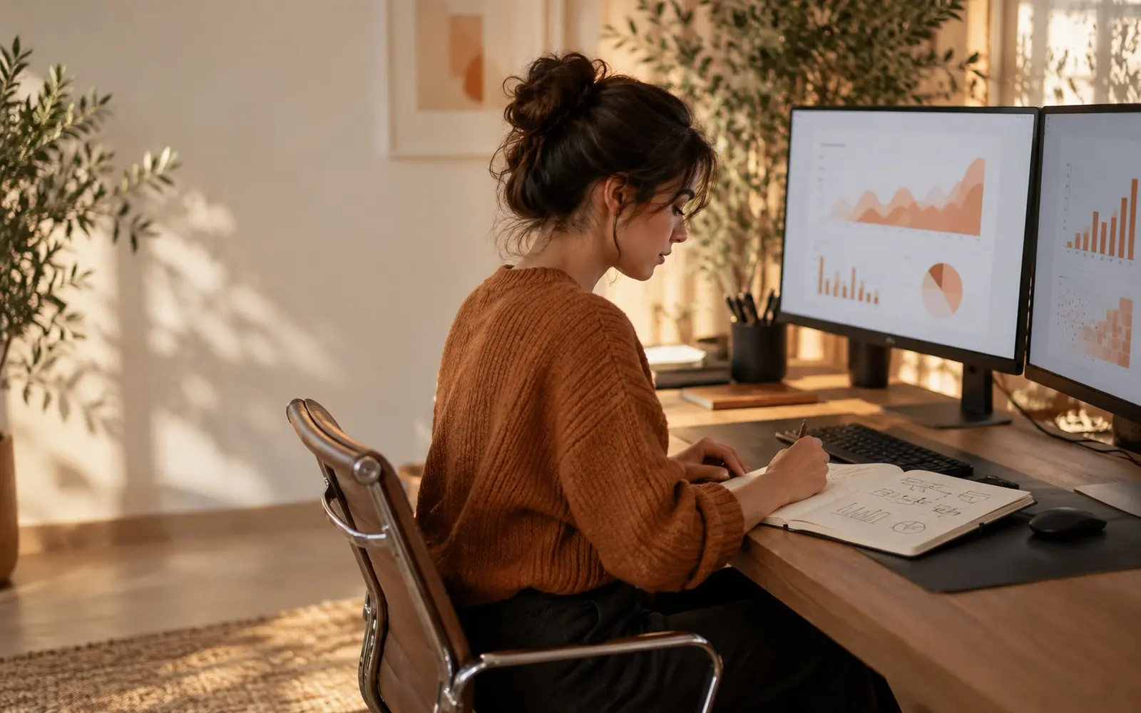 Analytics engineer at a calm desk with two monitors