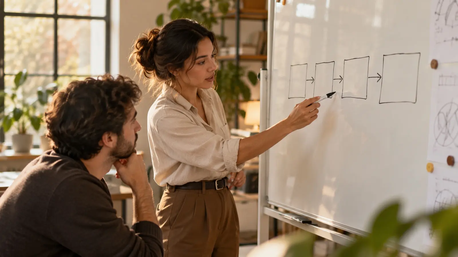 Specialist explaining a four-step flow on a whiteboard
