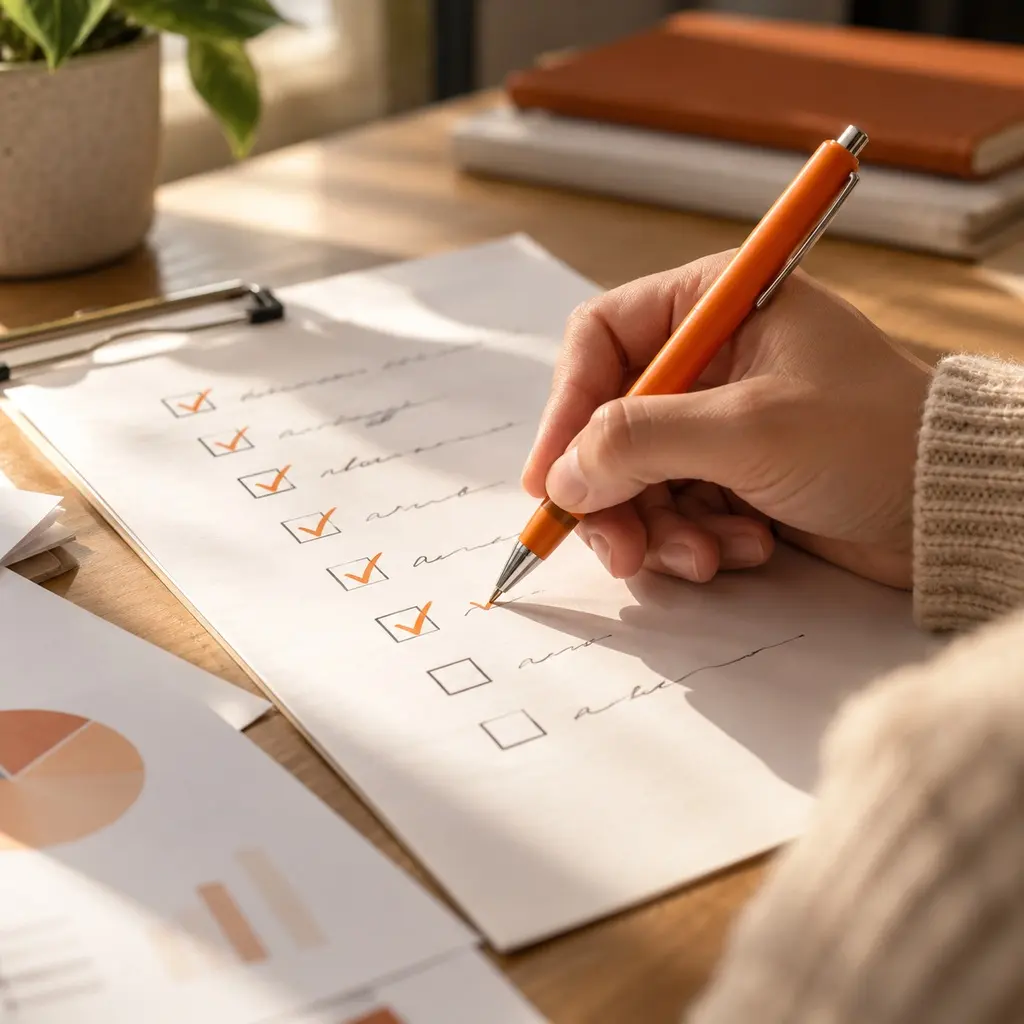 Hand ticking items on a printed QA checklist