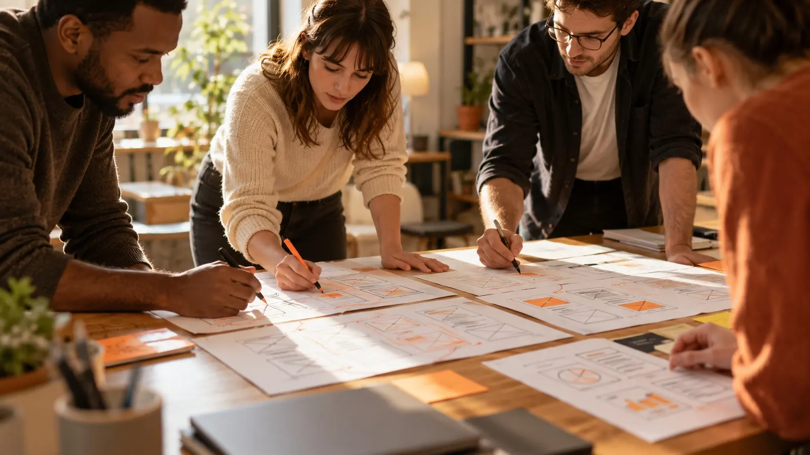 Team annotating printed page wireframes
