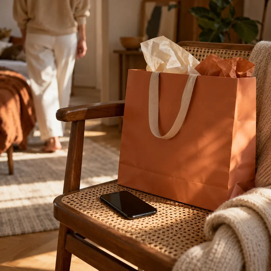 Shopping bag left on a chair next to a phone