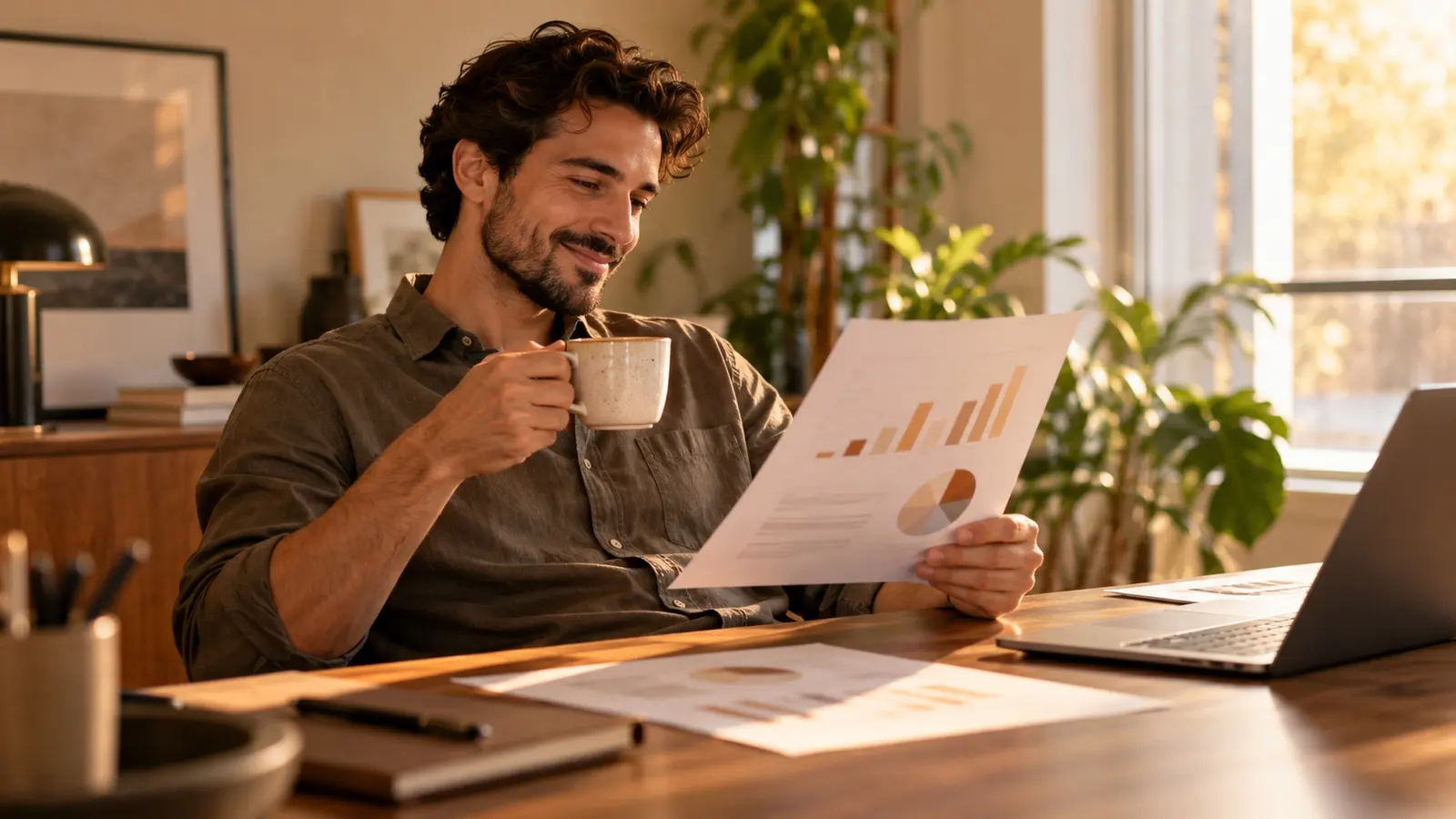 Agency owner reading good results over coffee