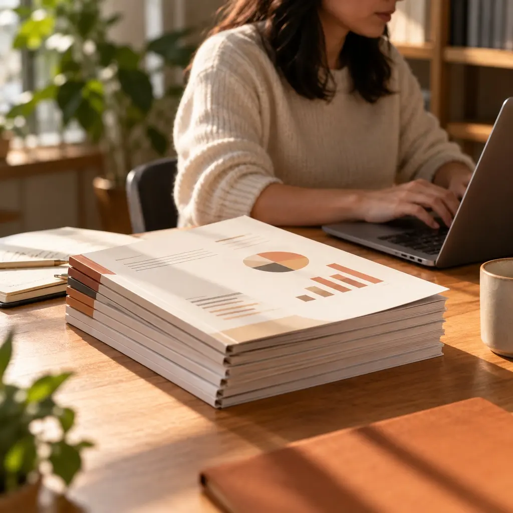 Stack of printed monthly client reports