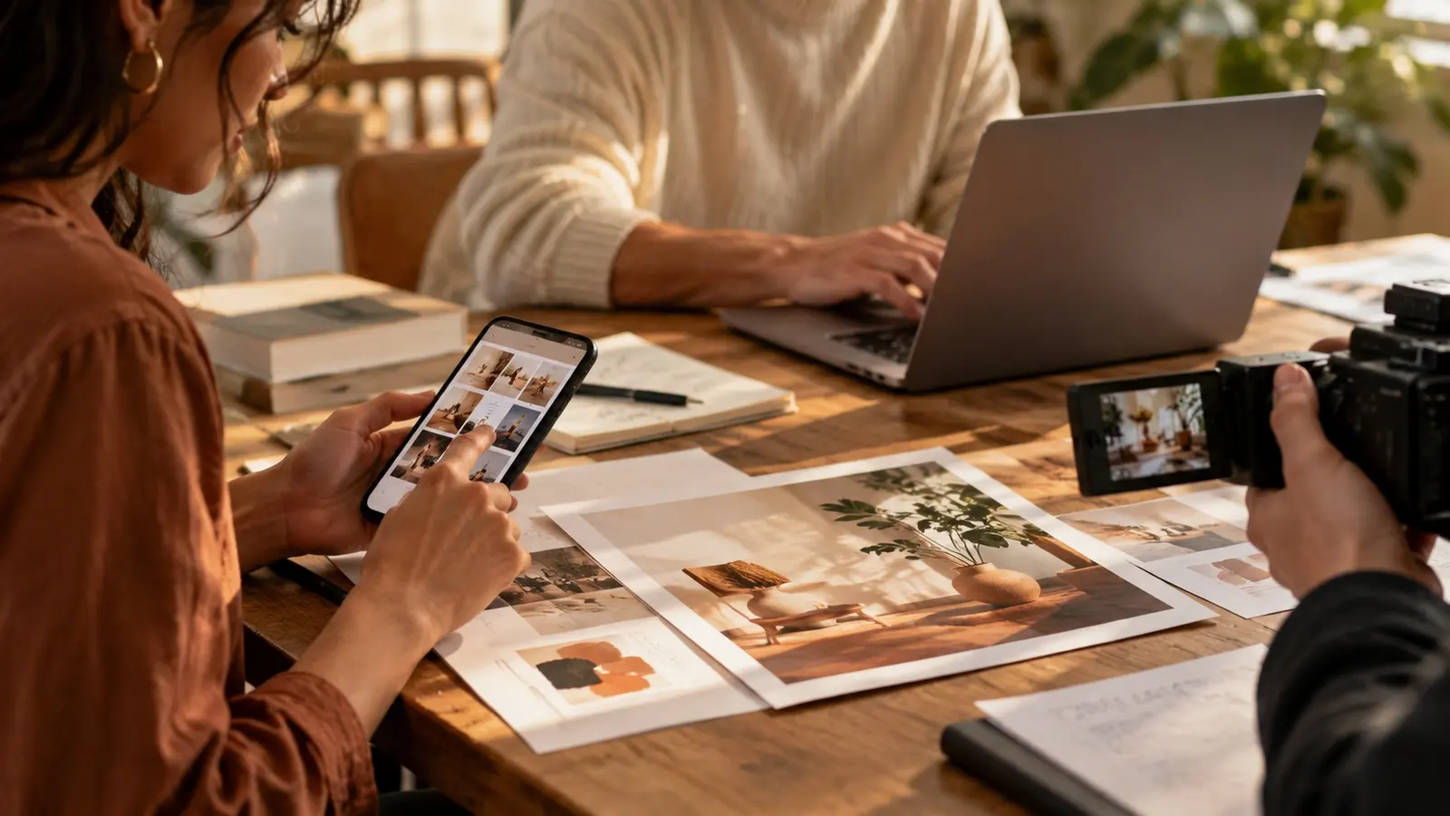 Phone, product photos, camera and laptop on one table