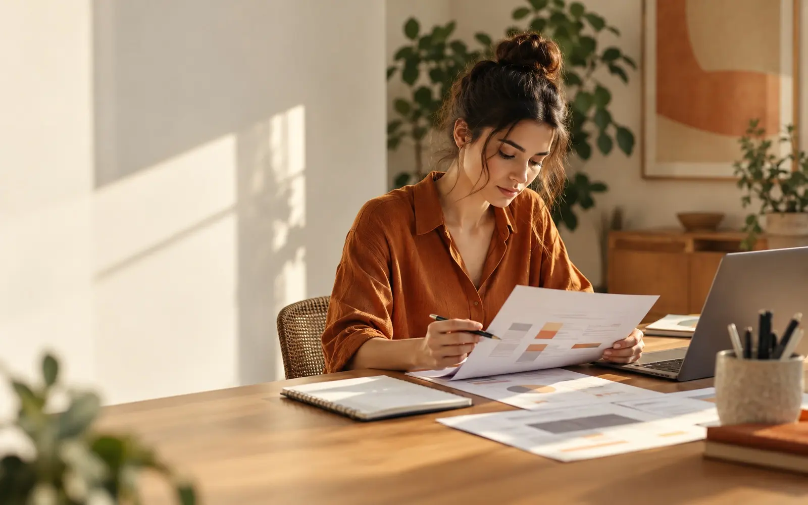 Agency specialist reviewing a printed campaign structure