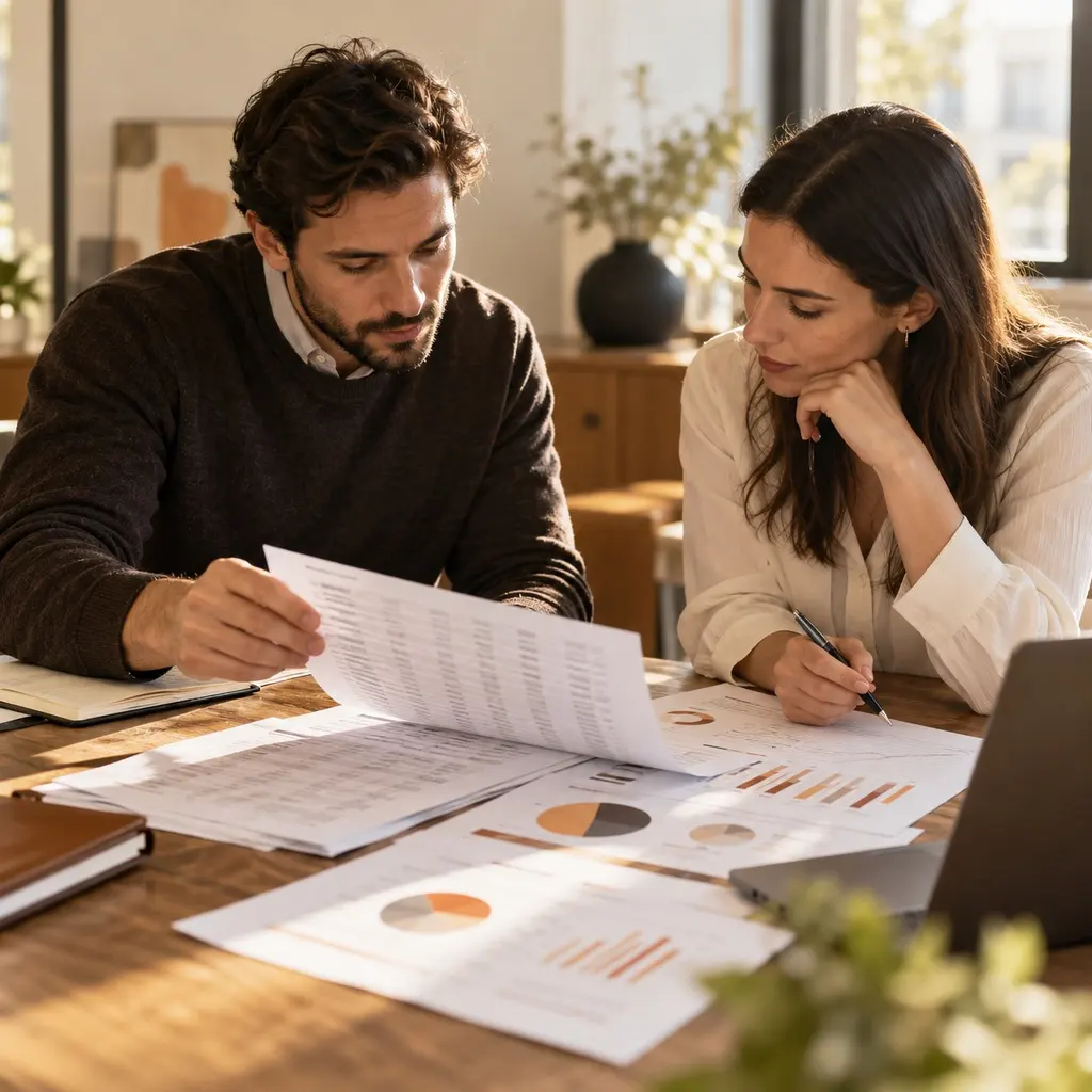 Sales and marketing pair reviewing printed lead lists