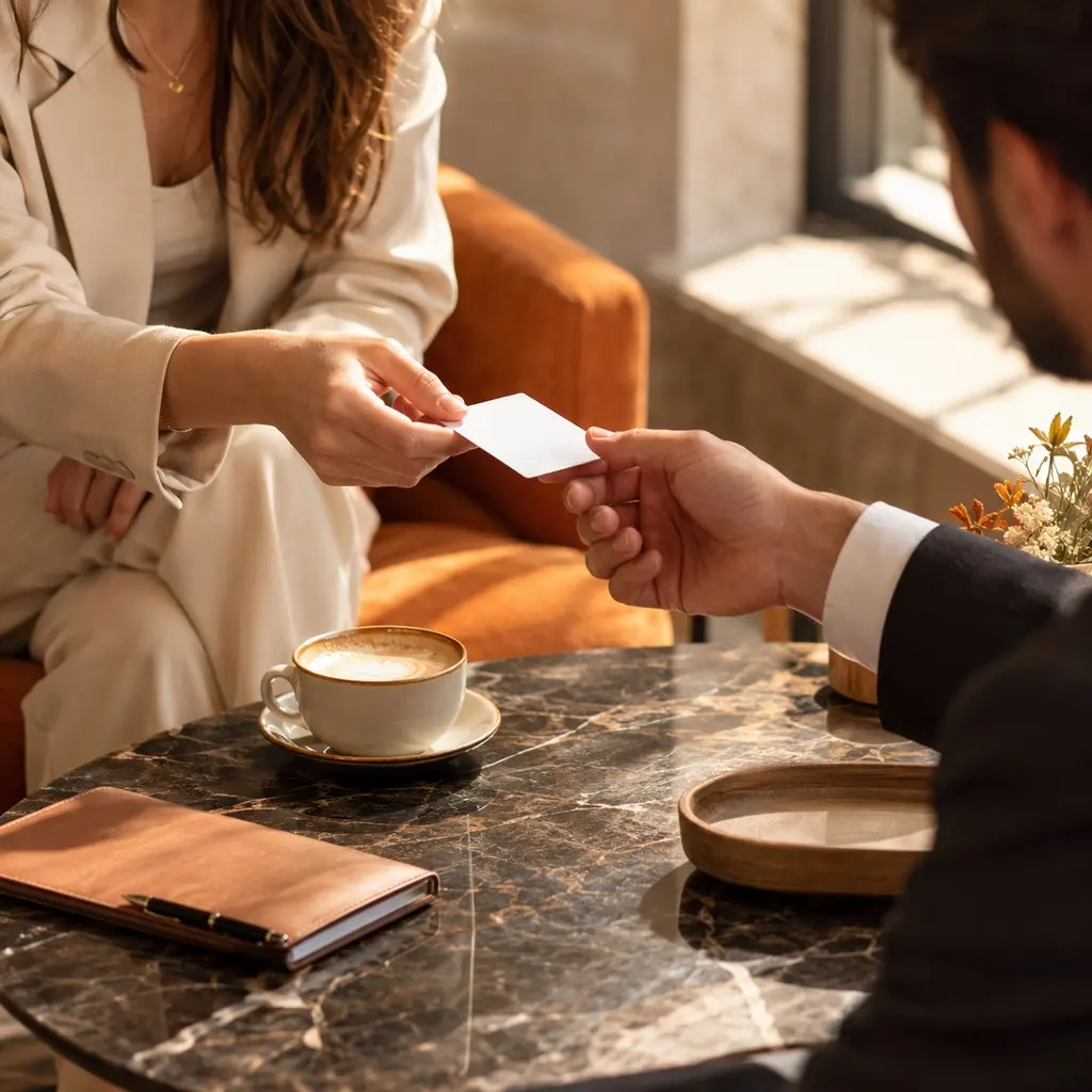 Business card exchange over coffee