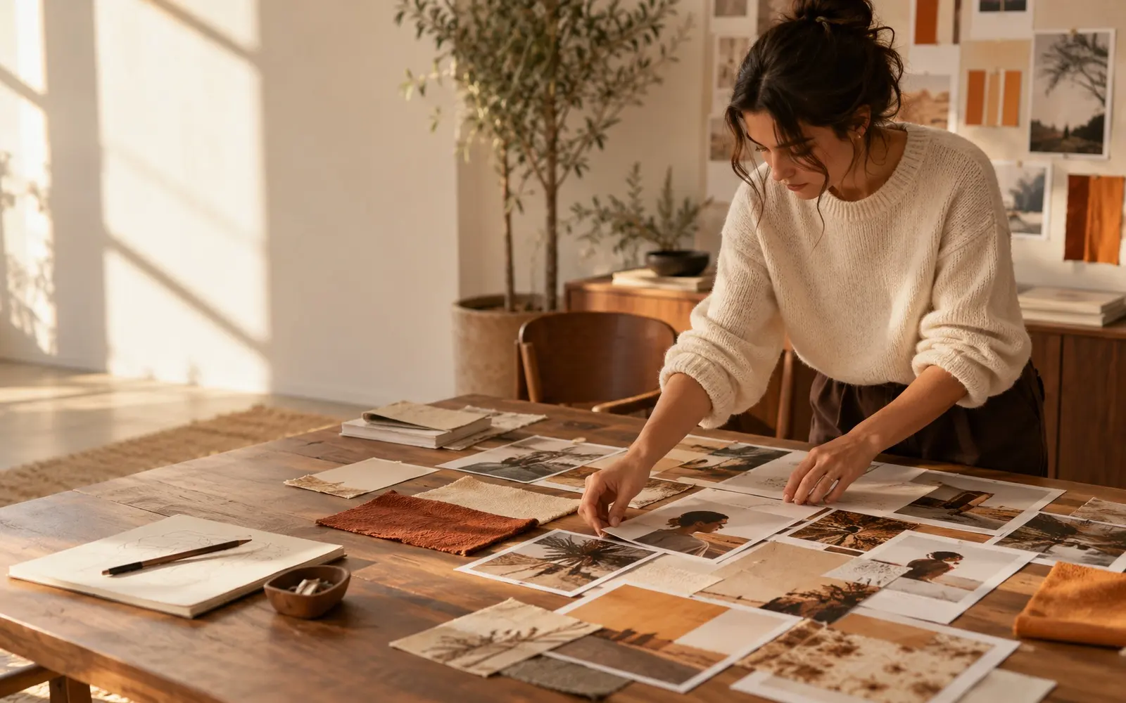Creative strategist arranging printed ad photos