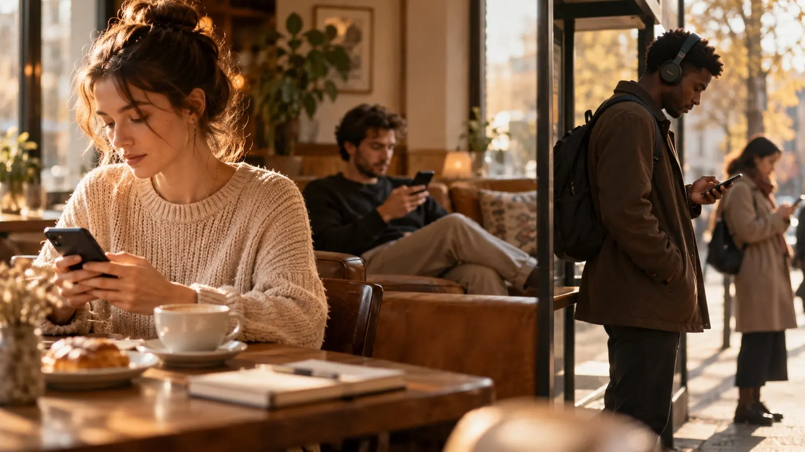 People using their phones in a café and on the street