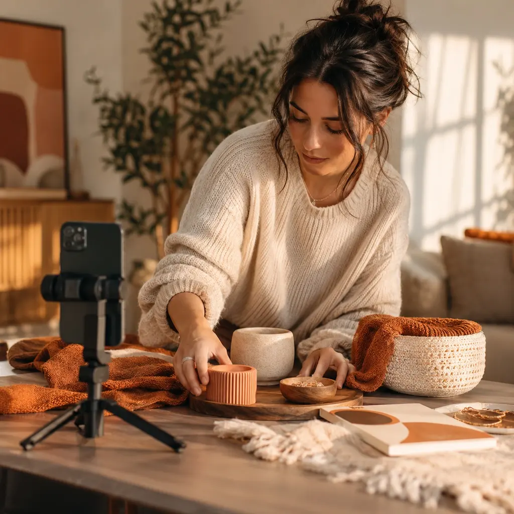 Phone on a tripod with products arranged for filming
