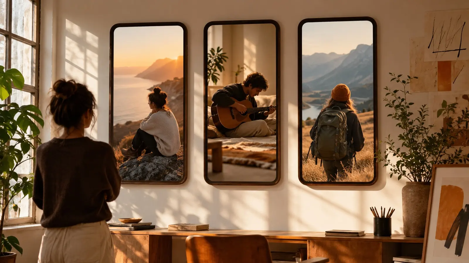 Vertical framed photos on a studio wall